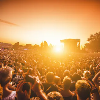 Crowd enjoying an open-air concert at sunset