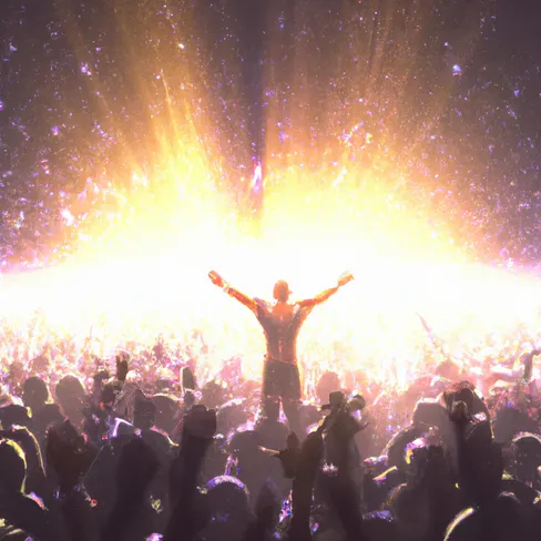 Performer with arms raised facing a festival crowd under bright stage lights